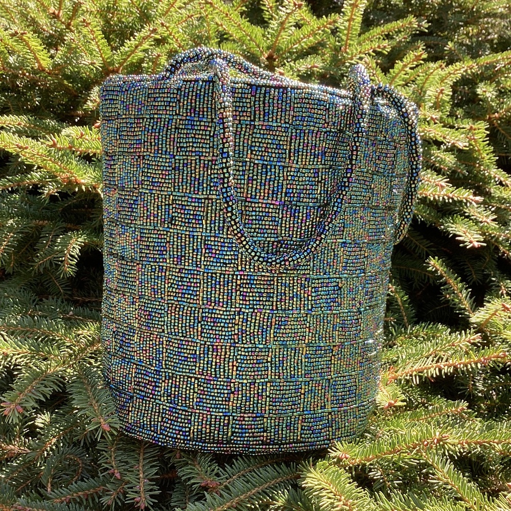 Vintage Spectacular Green/Blue Beaded Design Top Carry Handbag